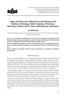 Types of Birds in the Collections of the Museum and Institute of Zoology, Polish Academy of Sciences, Warszawa, Poland