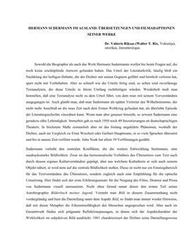 HERMANN SUDERMANN IM AUSLAND: ÜBERSETZUNGEN UND FILMADAPTIONEN SEINER WERKE Dr. Valteris Riksas (Walter T. Rix, Vokietija)