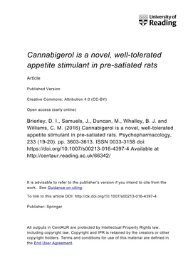 Cannabigerol Is a Novel, Well-Tolerated Appetite Stimulant in Pre-Satiated Rats