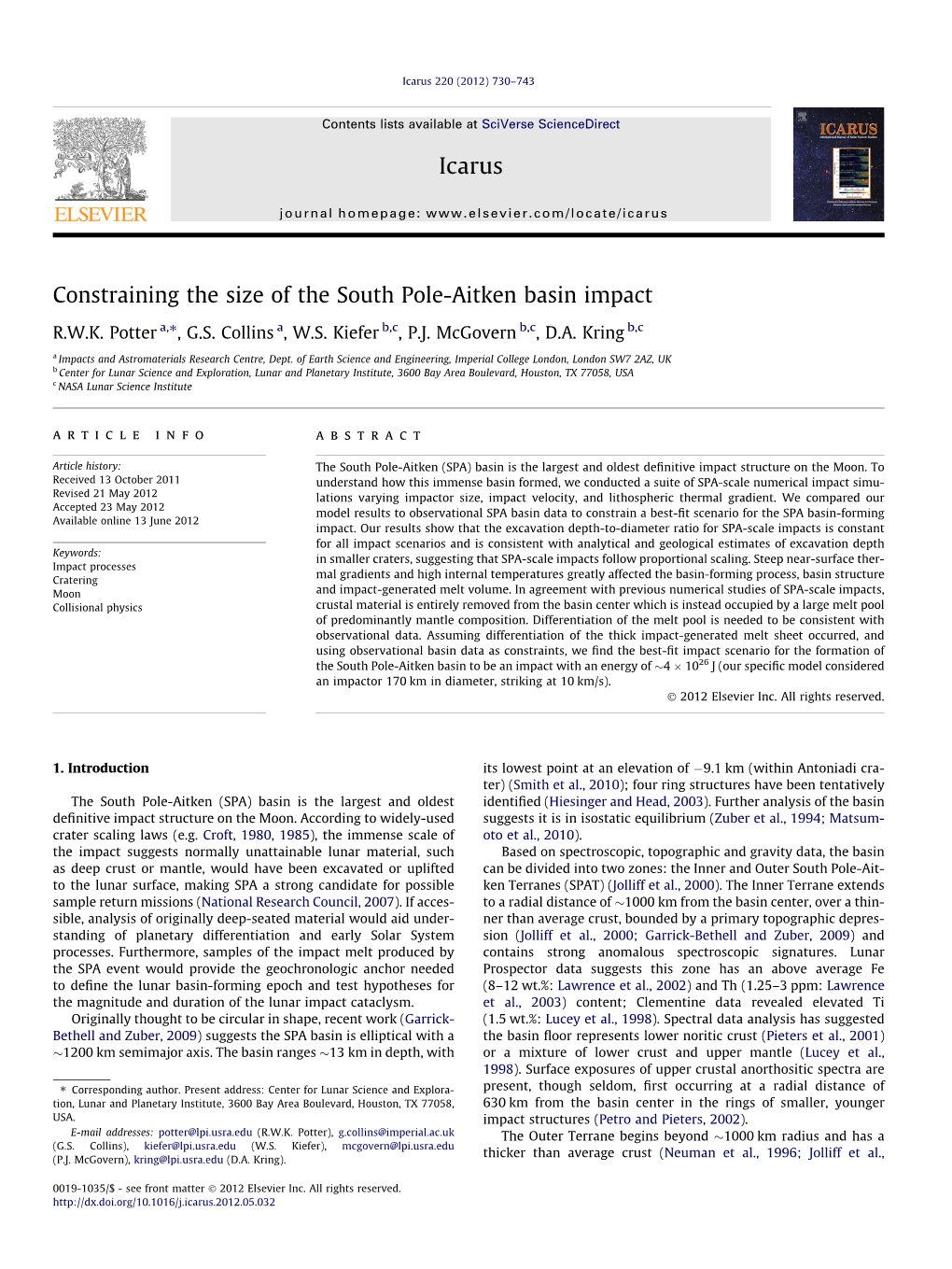 Constraining the Size of the South Pole-Aitken Basin Impact ⇑ R.W.K