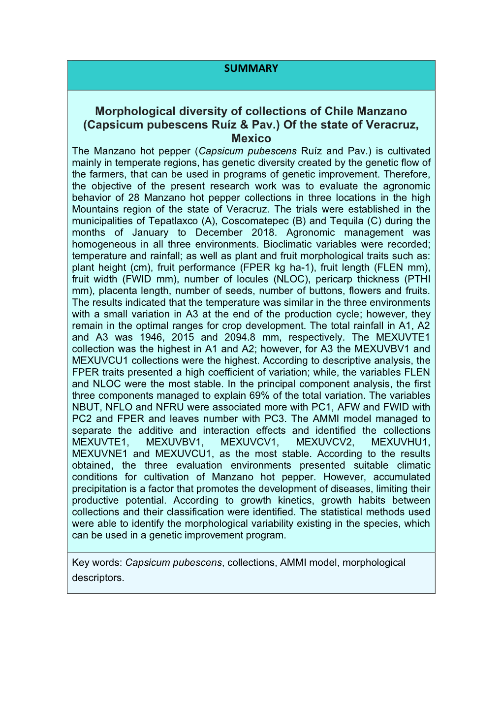 SUMMARY Morphological Diversity of Collections of Chile Manzano