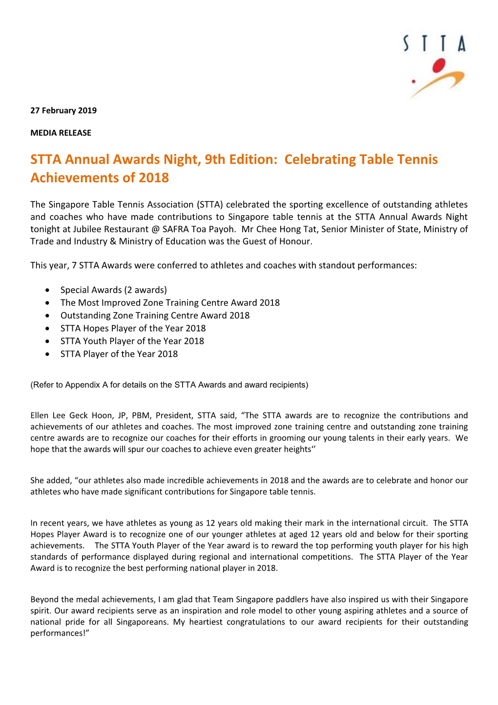 STTA Annual Awards Night, 9Th Edition: Celebrating Table Tennis Achievements of 2018