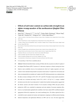 Effects of Soil Water Content on Carbon Sink Strength in an 2 Alpine Swamp Meadow of the Northeastern Qinghai-Tibet 3 Plateau