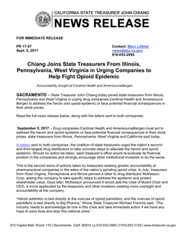 Chiang Joins State Treasurers in Urging Companies to Help Fight