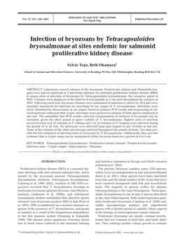 Infection of Bryozoans by Tetracapsuloides Bryosalmonae at Sites Endemic for Salmonid Proliferative Kidney Disease