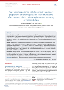 Real-World Experience with Letermovir in Primary Prophylaxis Of