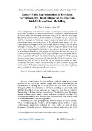 Gender Roles Representation in Television Advertisements: Implications for the Nigerian Girl-Child and Role Modelling