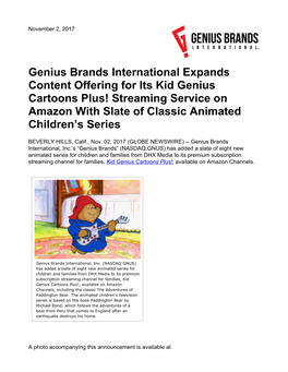 Genius Brands International Expands Content Offering for Its Kid Genius Cartoons Plus! Streaming Service on Amazon with Slate of Classic Animated Children’S Series