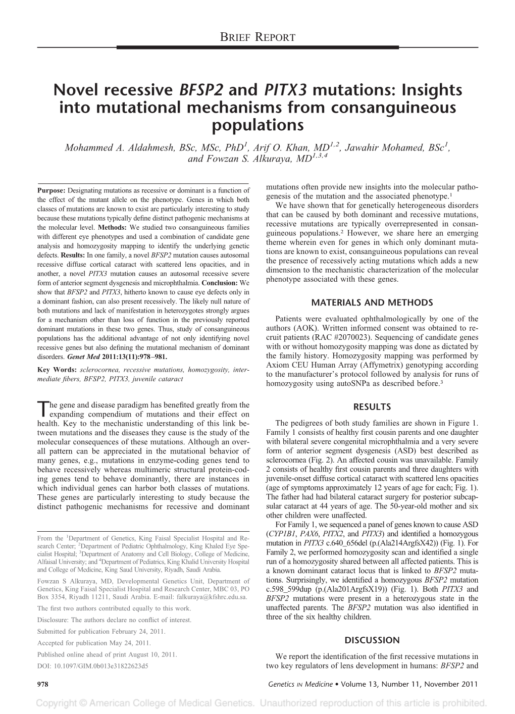 Novel Recessive BFSP2 and PITX3 Mutations: Insights Into Mutational Mechanisms from Consanguineous Populations Mohammed A