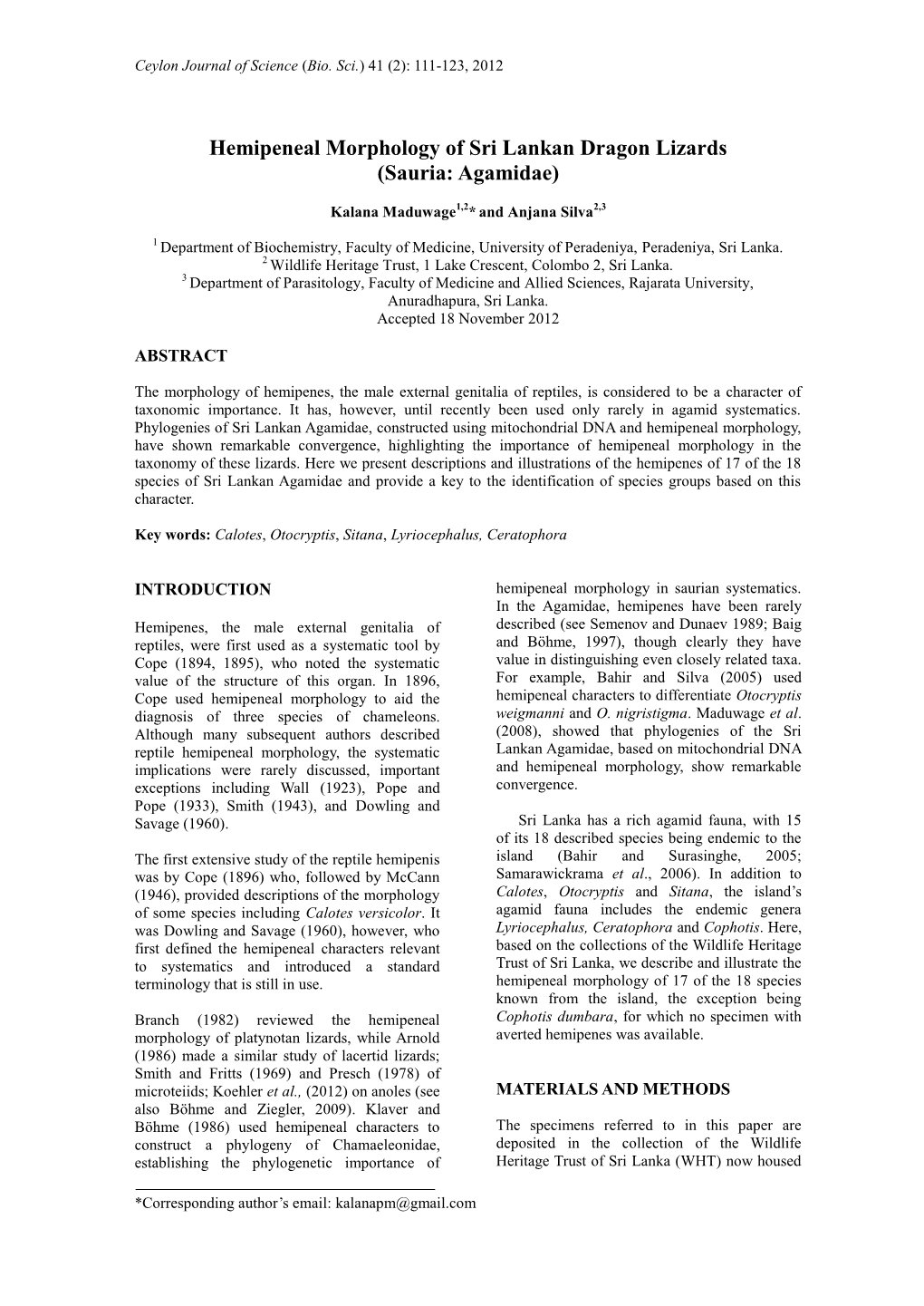 Hemipeneal Morphology of Sri Lankan Dragon Lizards (Sauria: Agamidae)