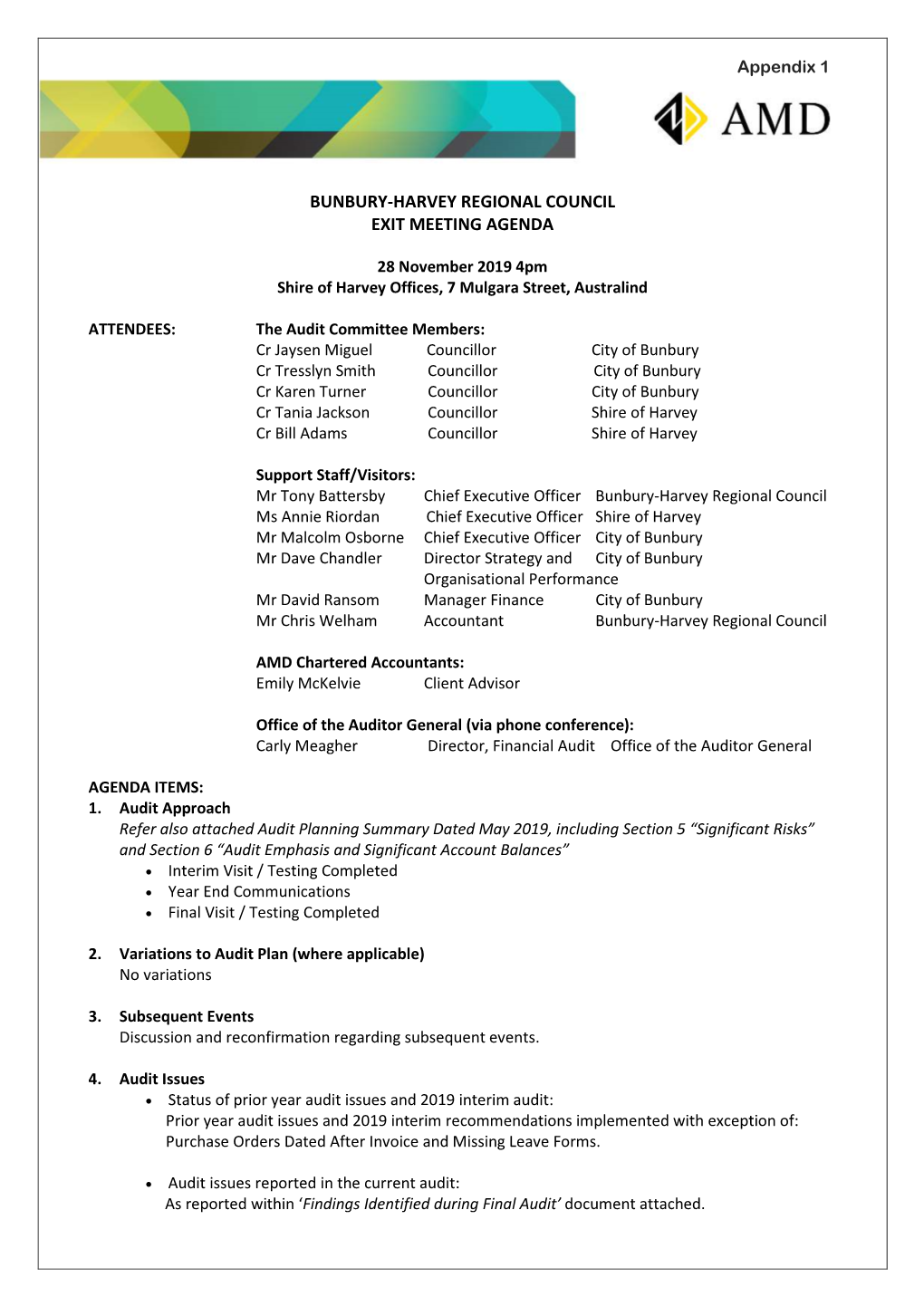 Bunbury-Harvey Regional Council Exit Meeting Agenda