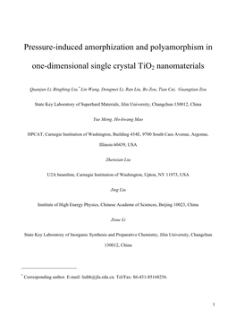 Pressure-Induced Amorphization and Polyamorphism in One-Dimensional Single Crystal Tio2 Nanomaterials