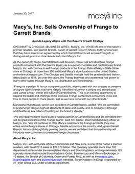 Macy's, Inc. Sells Ownership of Frango to Garrett Brands