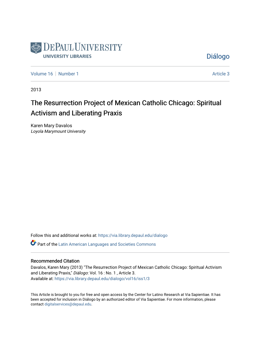 The Resurrection Project of Mexican Catholic Chicago: Spiritual Activism and Liberating Praxis