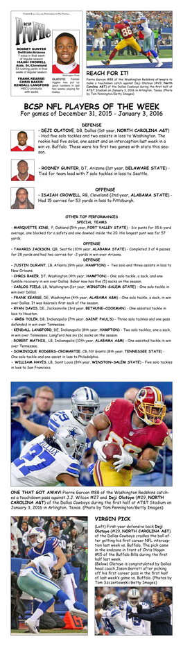 BCSP NFL PLAYERS of the WEEK for Games of December 31, 2015 - January 3, 2016