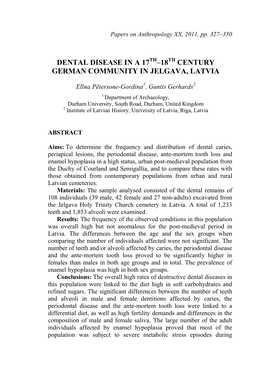 Dental Disease in a 17Th–18Th Century German Community in Jelgava, Latvia