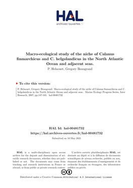 Macro-Ecological Study of the Niche of Calanus Finmarchicus and C. Helgolandicus in the North Atlantic Ocean and Adjacent Seas. P
