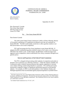 FTC Staff Comment to the Honorable Raymond J. Lesniak, Senator, New