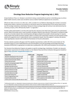 Oncology Dose Reduction Program Beginning July 1, 2021