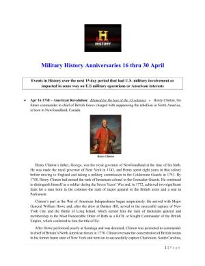 Military History Anniversaries 16 Thru 30 April
