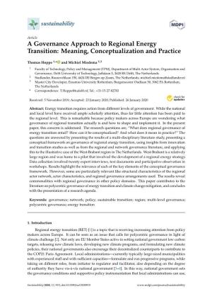 A Governance Approach to Regional Energy Transition: Meaning, Conceptualization and Practice