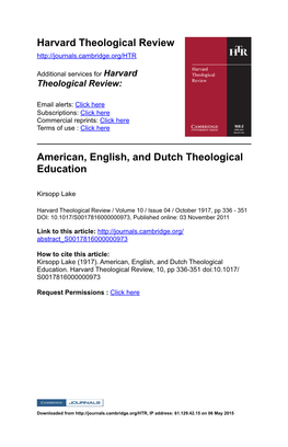 Harvard Theological Review American, English, and Dutch