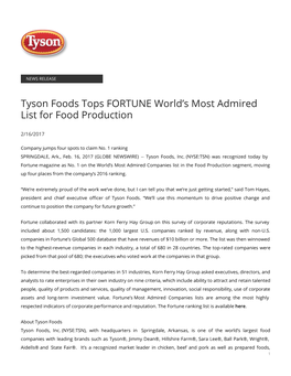 Tyson Foods Tops FORTUNE World's Most Admired List for Food Production