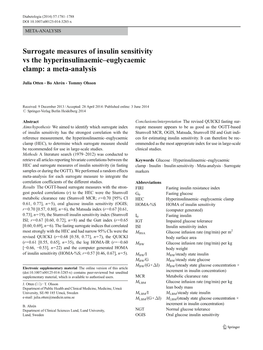 Surrogate Measures of Insulin Sensitivity Vs the Hyperinsulinaemic–Euglycaemic Clamp: a Meta-Analysis