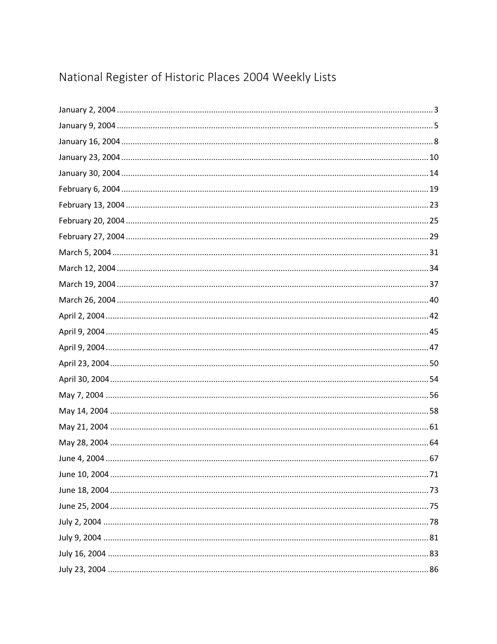 National Register of Historic Places Weekly Lists for 2004