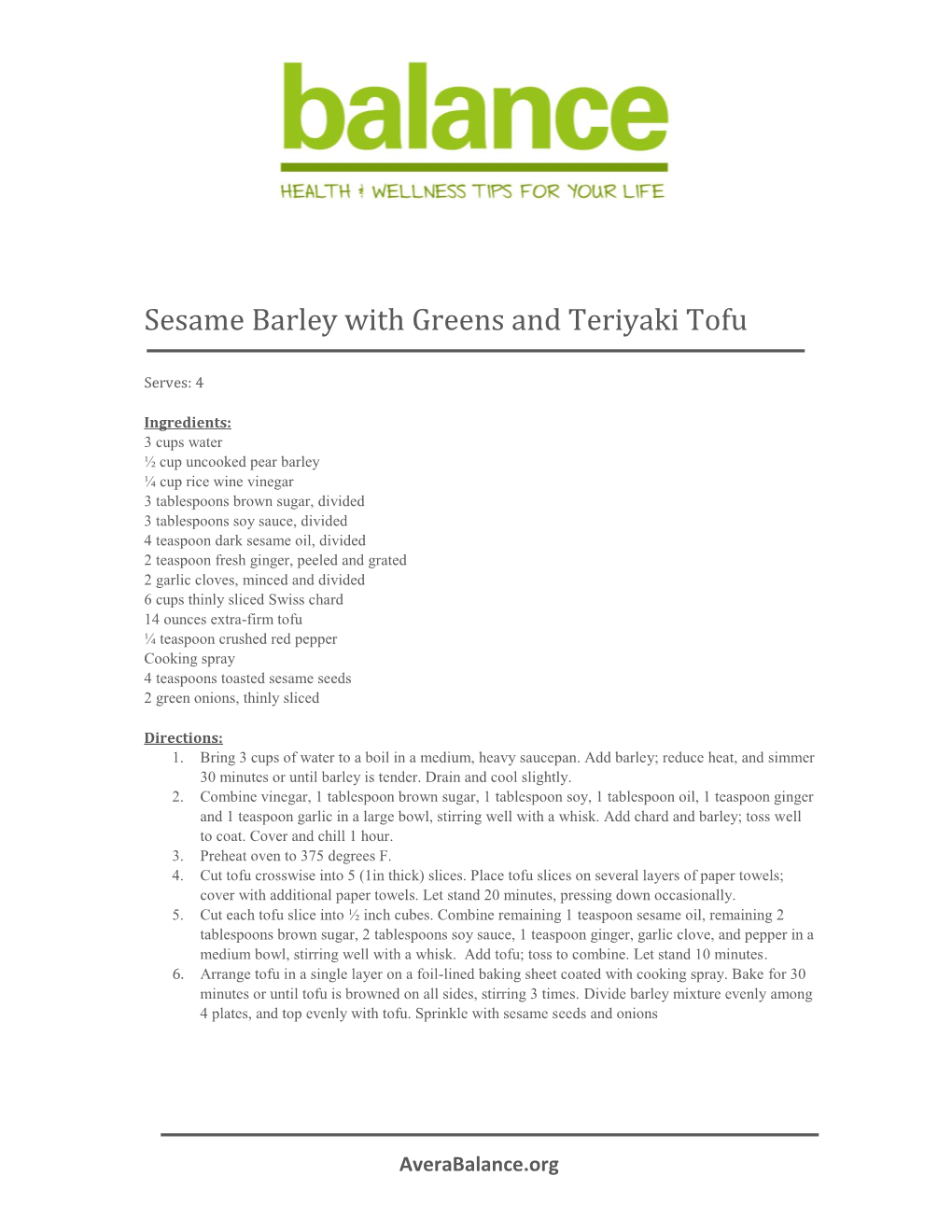 Sesame Barley with Greens and Teriyaki Tofu