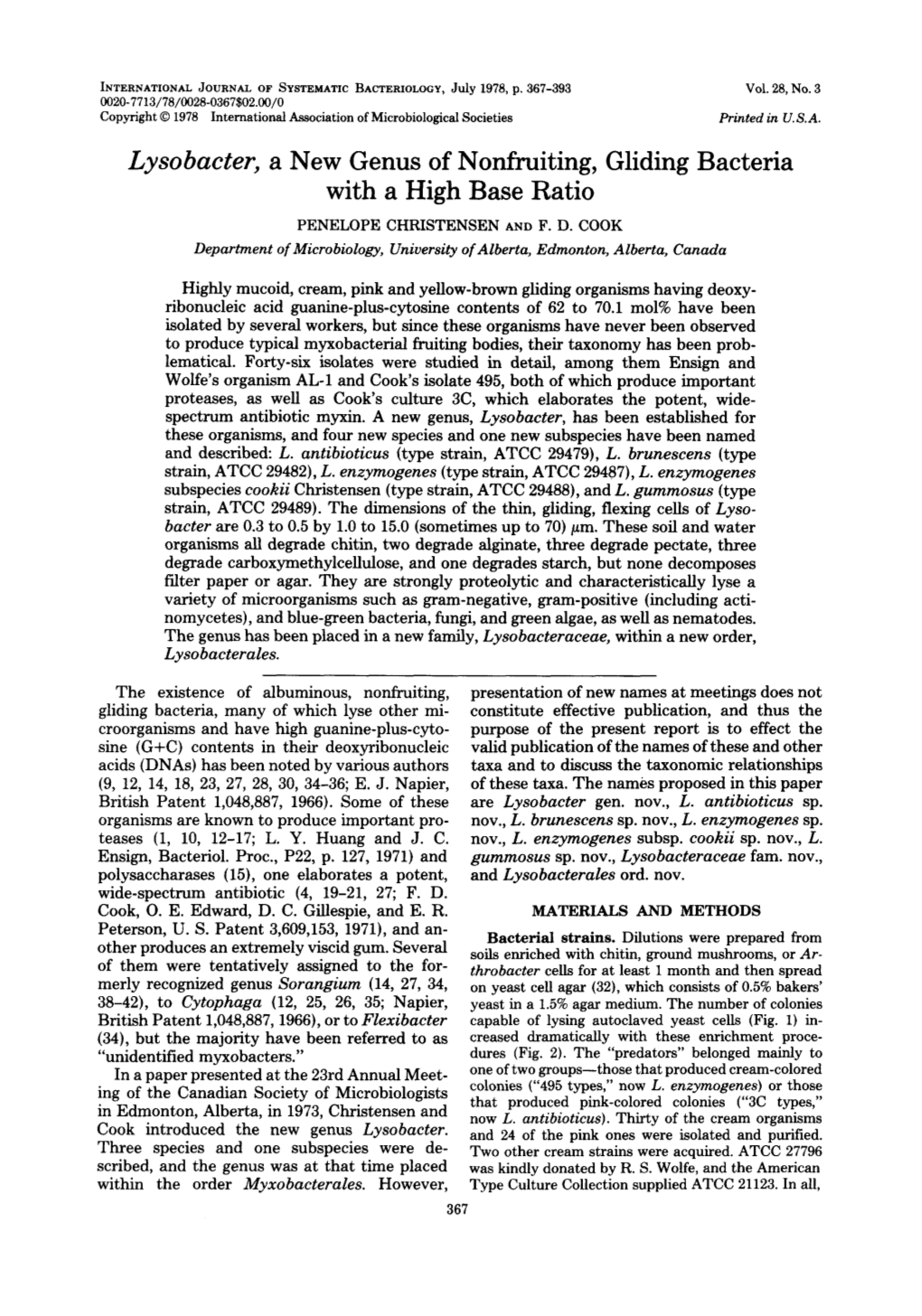 Lysobacter, a New Genus of Nonhiting, Gliding Bacteria with a High Base Ratio