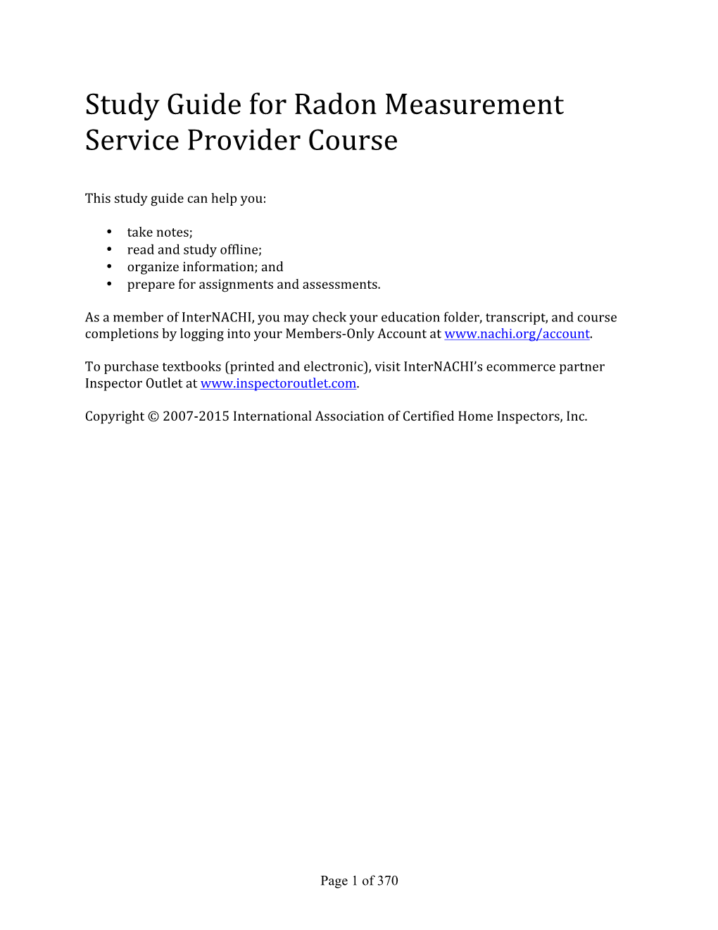 Study Guide for Radon Measurement Service Provider Course