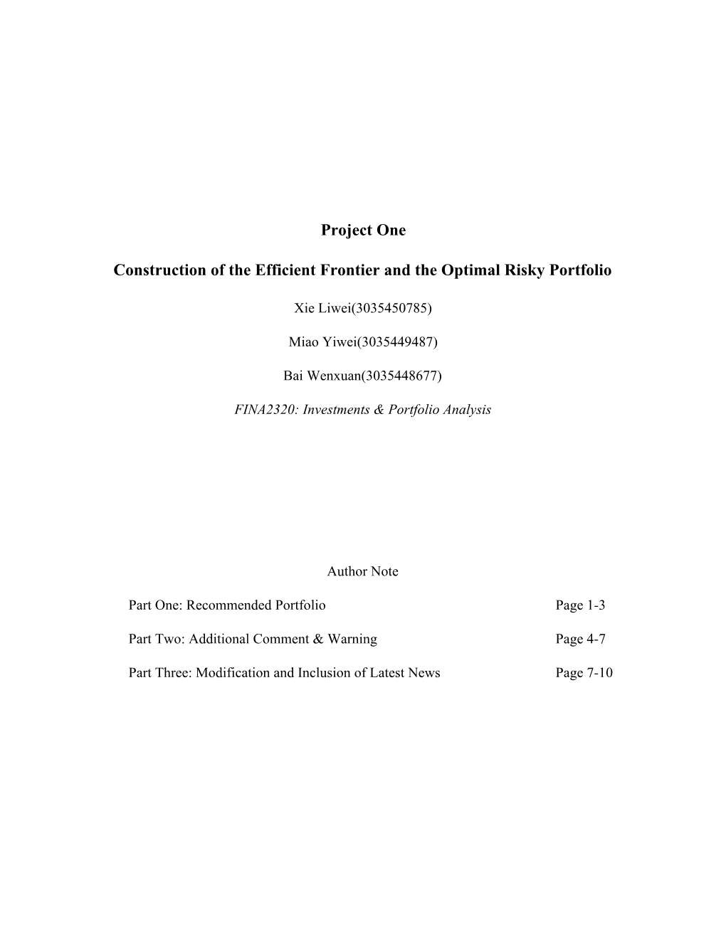 Project One Construction of the Efficient Frontier and the Optimal