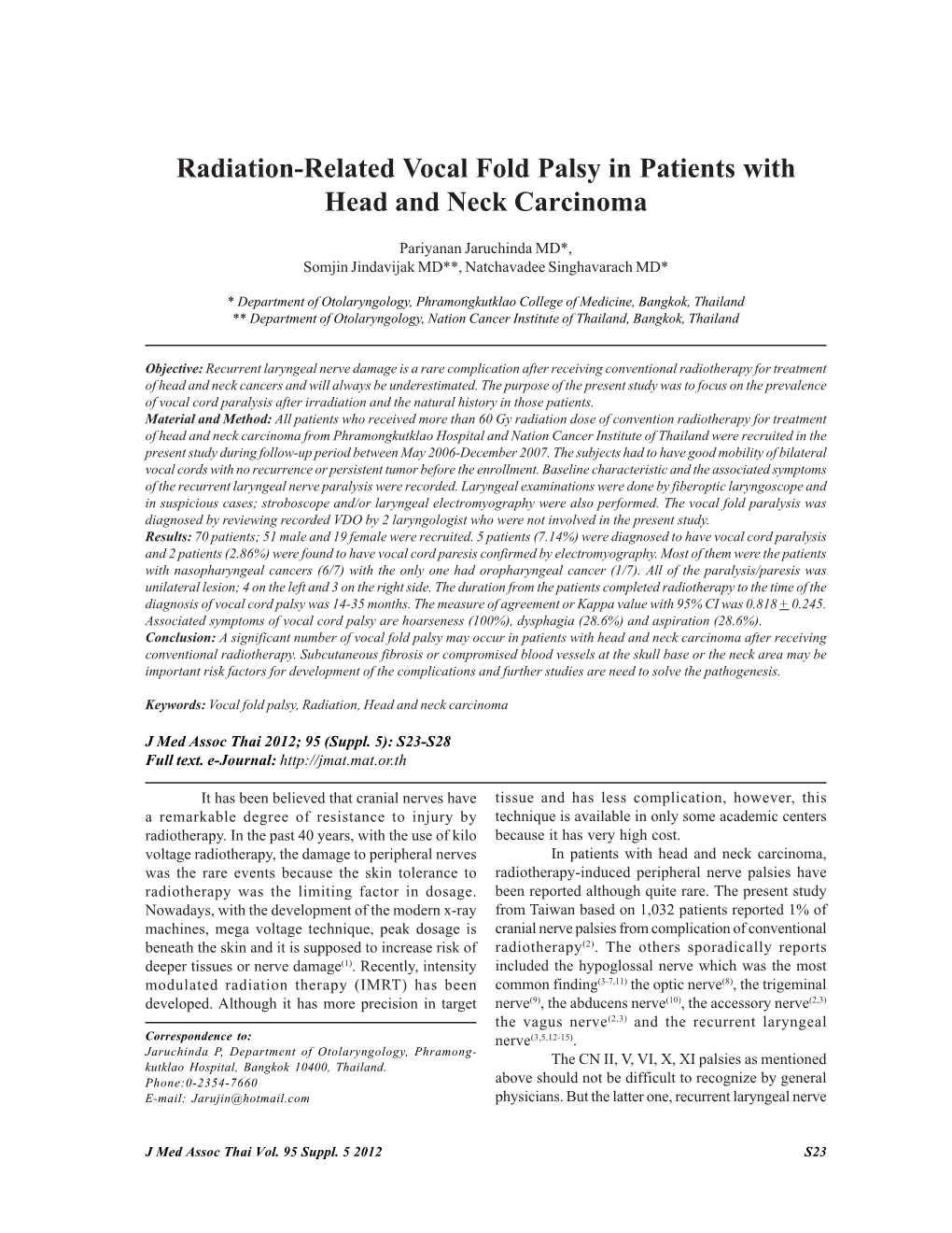 Radiation-Related Vocal Fold Palsy in Patients with Head and Neck Carcinoma