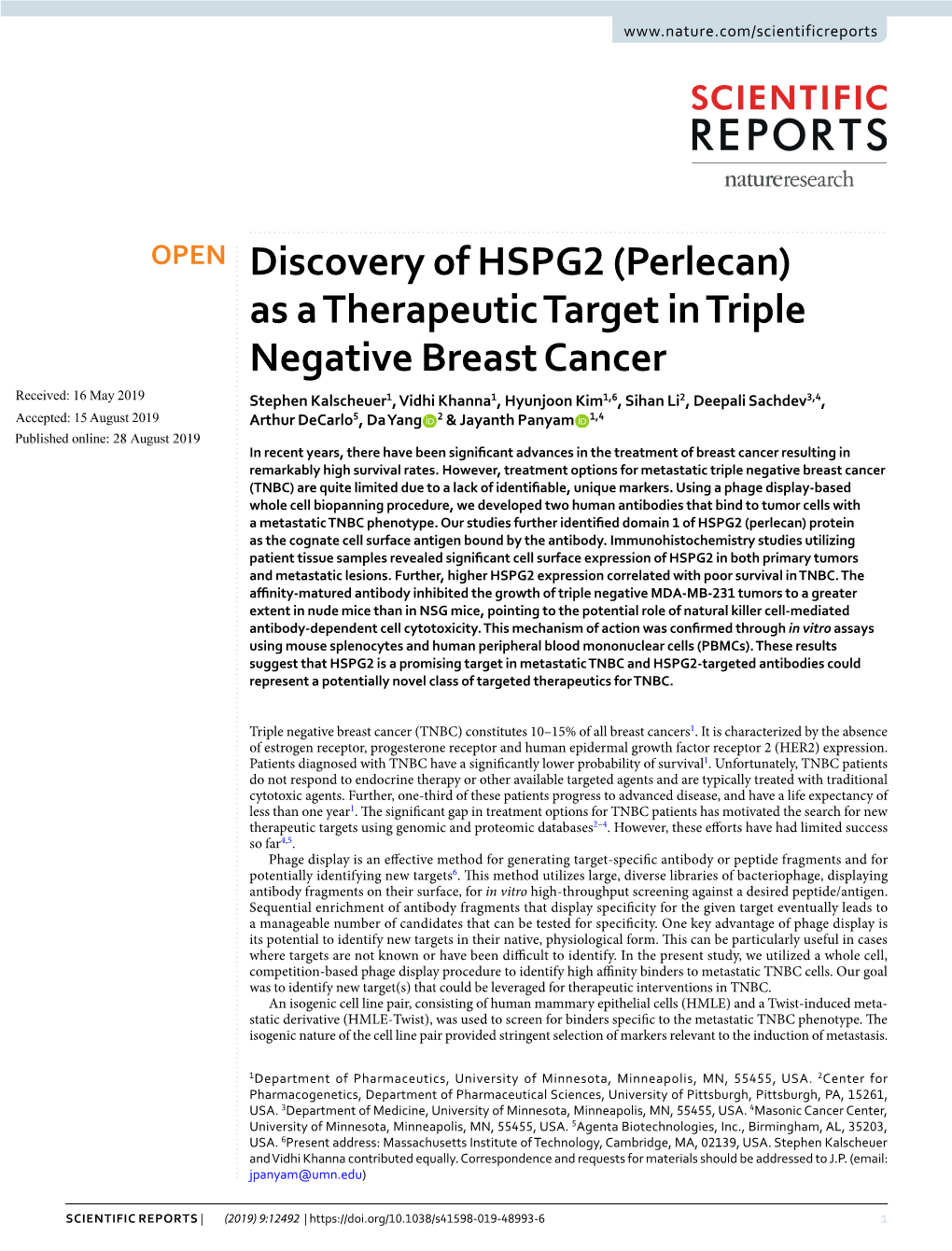 (Perlecan) As a Therapeutic Target in Triple Negative Breast Cancer