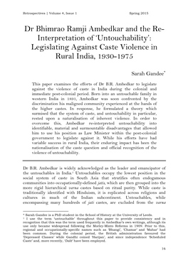 Dr Bhimrao Ramji Ambedkar and the Re- Interpretation of ‘Untouchability’: Legislating Against Caste Violence in Rural India, 1930-1975