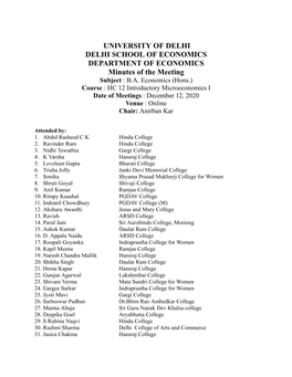 UNIVERSITY of DELHI DELHI SCHOOL of ECONOMICS DEPARTMENT of ECONOMICS Minutes of the Meeting Subject : B.A