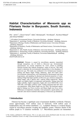 Habitat Characterization of Mansonia Spp As Filariasis Vector in Banyuasin, South Sumatra, Indonesia