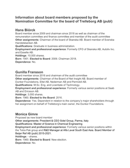 Information About Board Members Proposed by the Nomination Committee for the Board of Trelleborg AB (Publ)