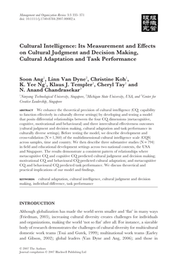 Its Measurement and Effects on Cultural Judgment and Decision Making, Cultural Adaptation and Task Performance