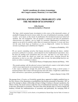 Keynes, Knowledge, Probability and the Method of Economics*