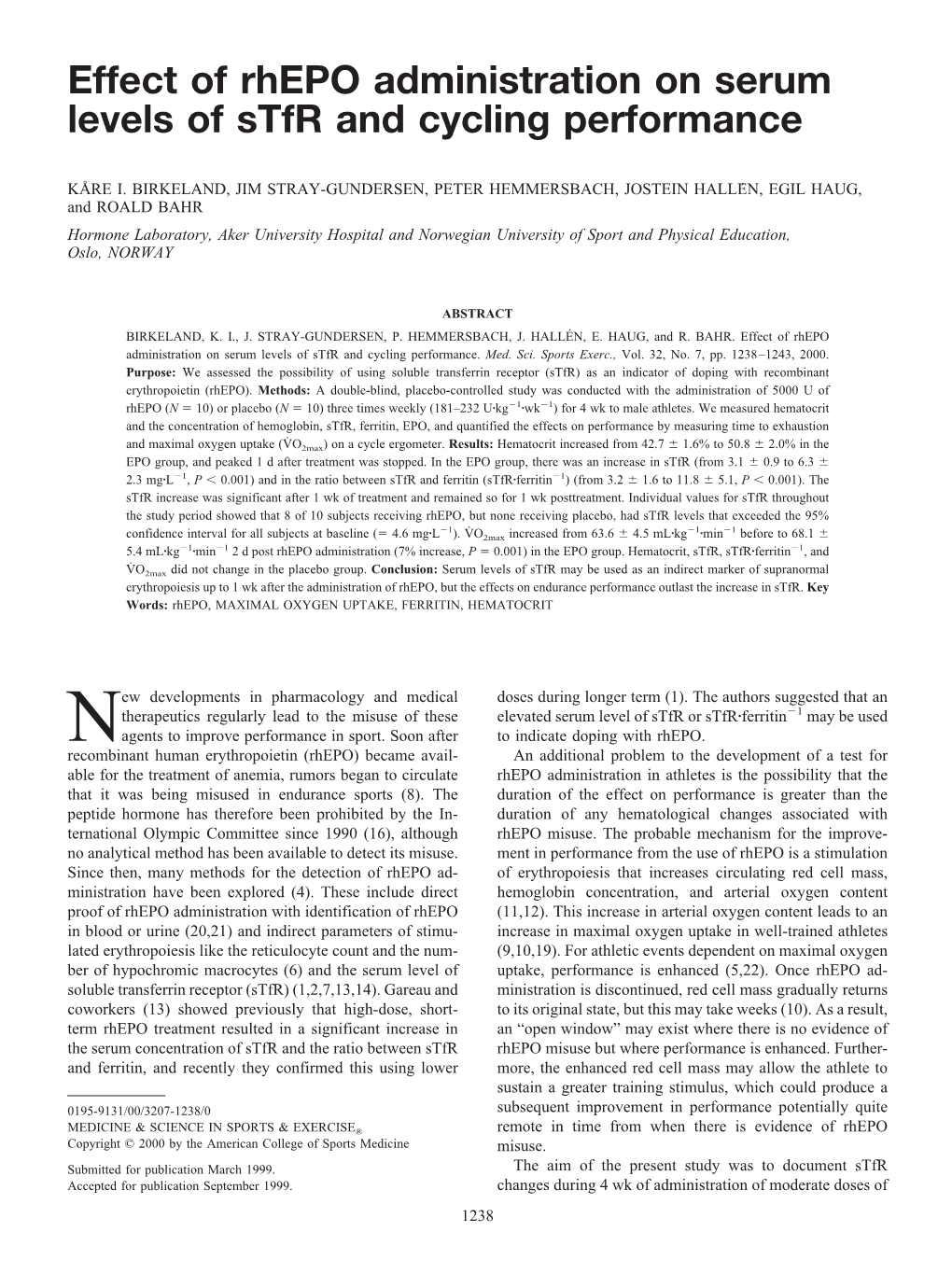 Effect of Rhepo Administration on Serum Levels of Stfr and Cycling Performance