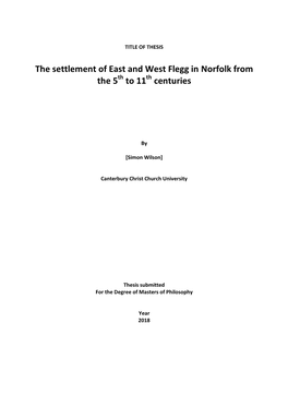 The Settlement of East and West Flegg in Norfolk from the 5Th to 11Th Centuries