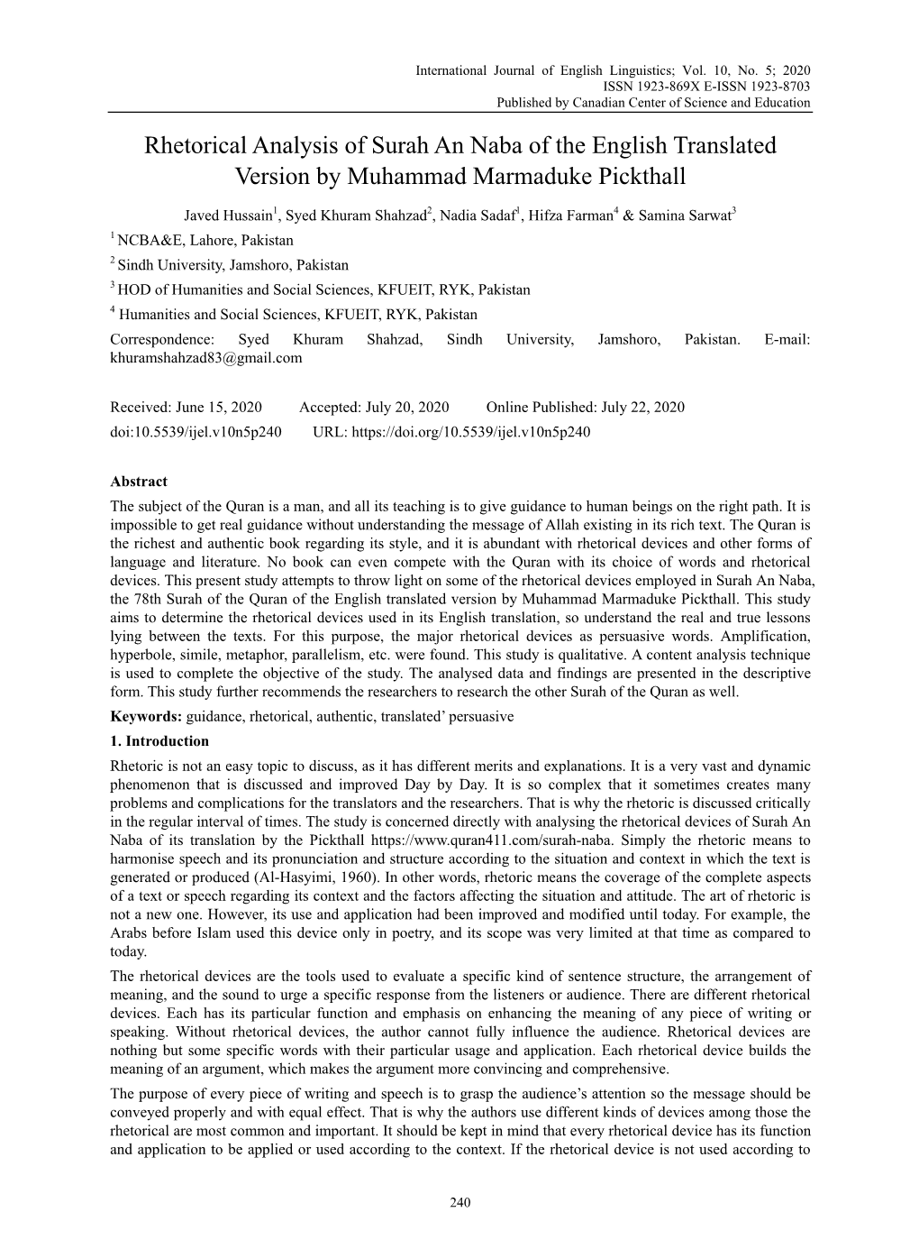 Rhetorical Analysis of Surah an Naba of the English Translated Version by Muhammad Marmaduke Pickthall