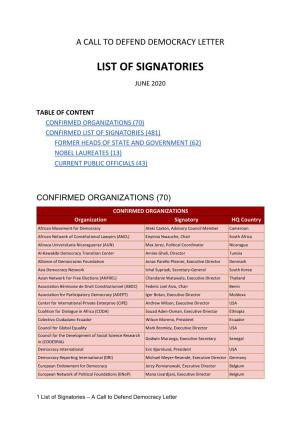 List of Signatories June 2020
