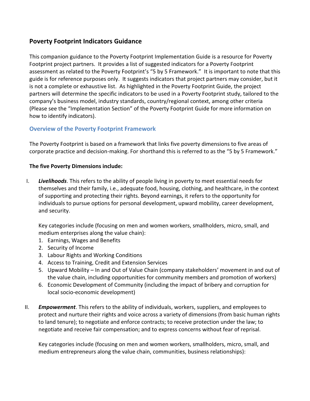 Poverty Footprint Indicators Guidance