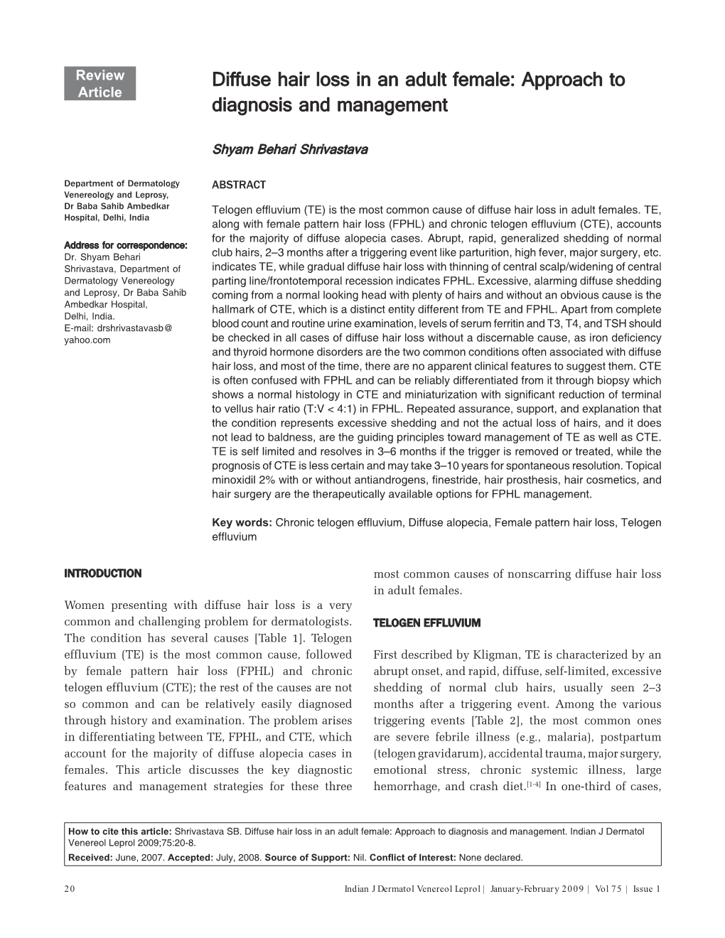 Diffuse Hair Loss in an Adult Female: Approach to Diagnosis and Management