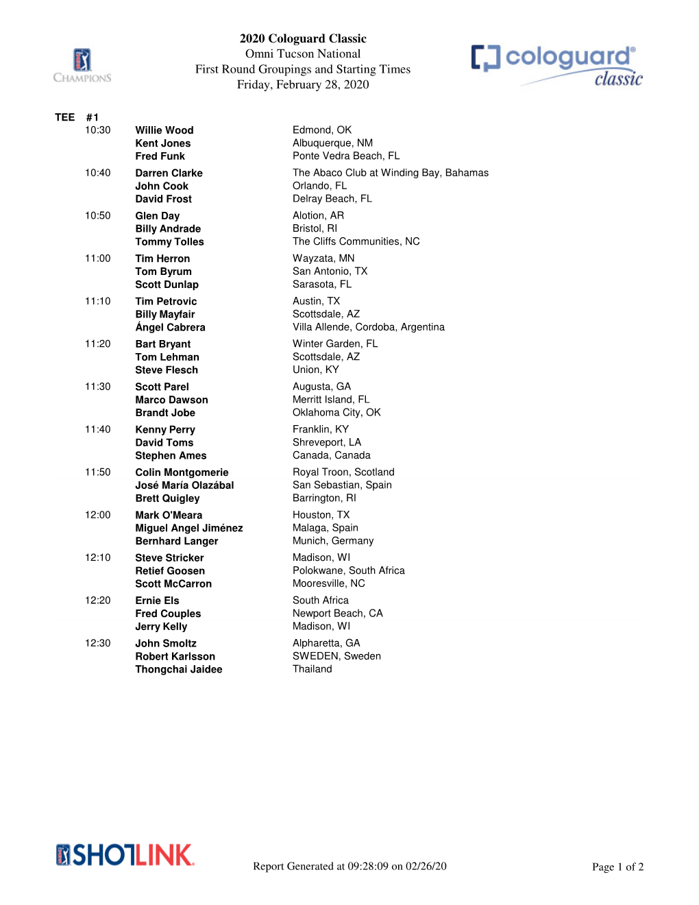 2020 Cologuard Classic Omni Tucson National First Round Groupings and Starting Times Friday, February 28, 2020