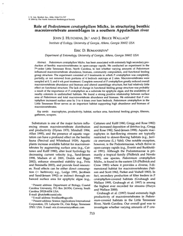 Role of Podostemurn Cerato Hyllurn Michx. in Structuring Benthic Macroinvertebrate Assembf Ages in a Southern Appalachian River