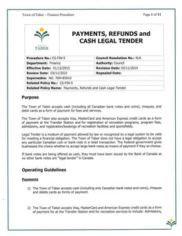 PAYMENTS, REFUNDS and CASH LEGAL TENDER